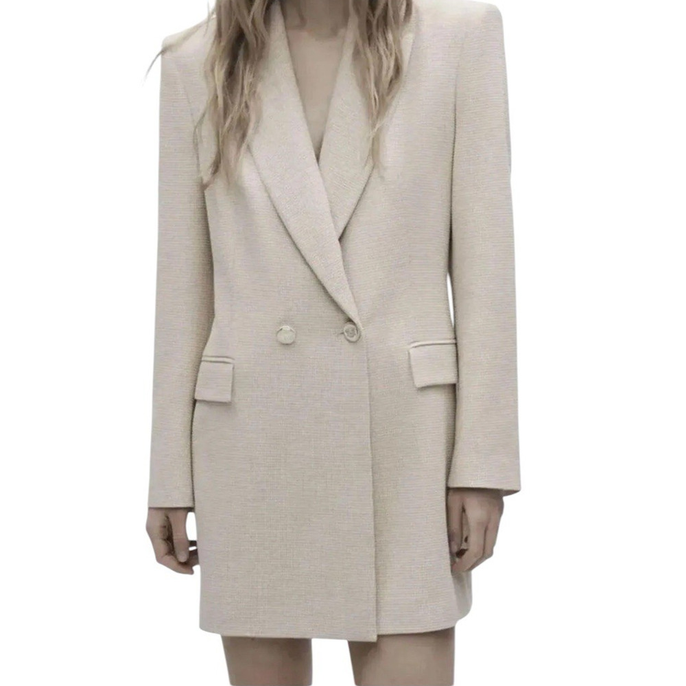 Zara Double Breasted Long Blazer XS Neutral Tailored Academia Textured Office - Picture 2 of 16